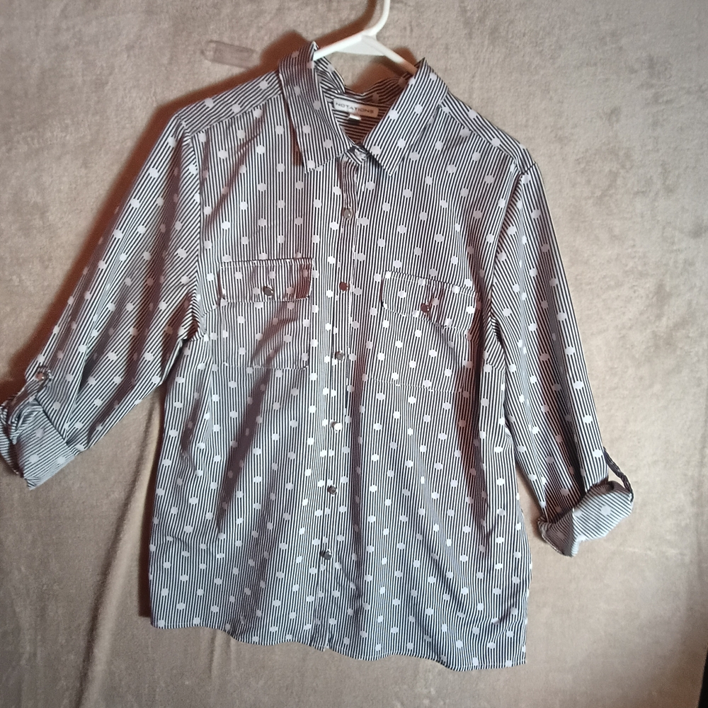 NOTATIONS WOMEN'S TOP SHIRT BUTTON DOWN POLKA DOTS WHITE / STRIPED BLACK Size L